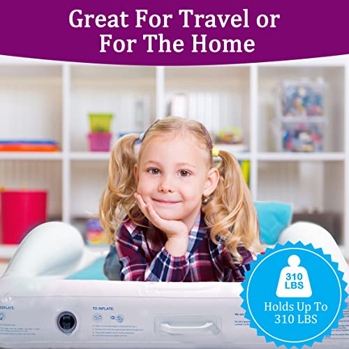 Inflatable Toddler Travel Bed With Electric Pump, Leakproof Air Mattress W/Reinforced Protective Bumpers, Includes Carry Case And Pillow, Fits Kids Up To 4Ft, For Camping & Sleepovers (Blue) #TOP3