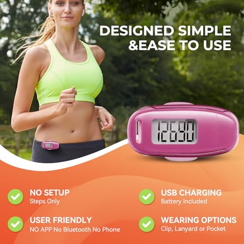 Image of 3D Pedometer for Walking, Simple Walking Step Counter with Removable Clip and Strap, USB Rechargeable Step Tracker with Backlight, Accurate Step Counter for Men Women Seniors - Pink