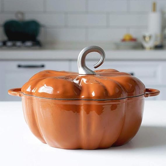24cm Pumpkin Cast Iron Enamel Stew Pot with Non-Stick Coating, 3.76Liter Saucepan Large Casserole, Orange