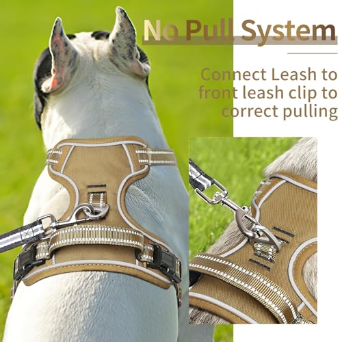 HEELE Hundegeschirr, Hundegeschirr Grosse Hunde Anti Zug Geschirr Hunde Brustgeschirr mit Griff Reflektierende Weich Gepolstert Atmungsaktiv, Braun, L