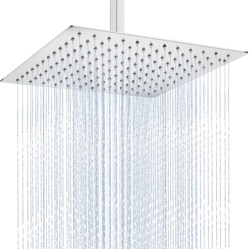 Midanya Soffione doccia a pioggia, grande soffione doccia a pioggia in acciaio inox, ad alta pressione, soffione quadrato a cascata, montaggio a soffitto o a parete, cromato lucido, 30,5 cm
