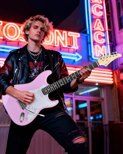 Image of Leo Jaymz Beginner Electric Guitar 39 inch Kit with Portable Amplifier, Padded Gig Bag, Digital Tuner，Capo，Strap，Picks，Classic SSS Pickups (Pink)