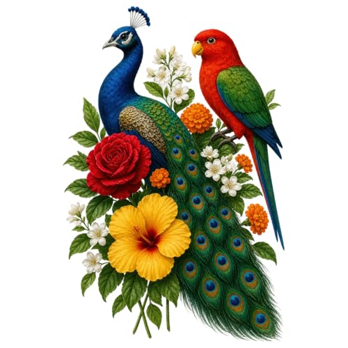 Image of Rangoli Peacock Parrot Wall Sticker Self-Adhesive 16 x 24 Inch Waterproof Wall Decor for Living Room Bedroom Office Bird Floral Wall Decal