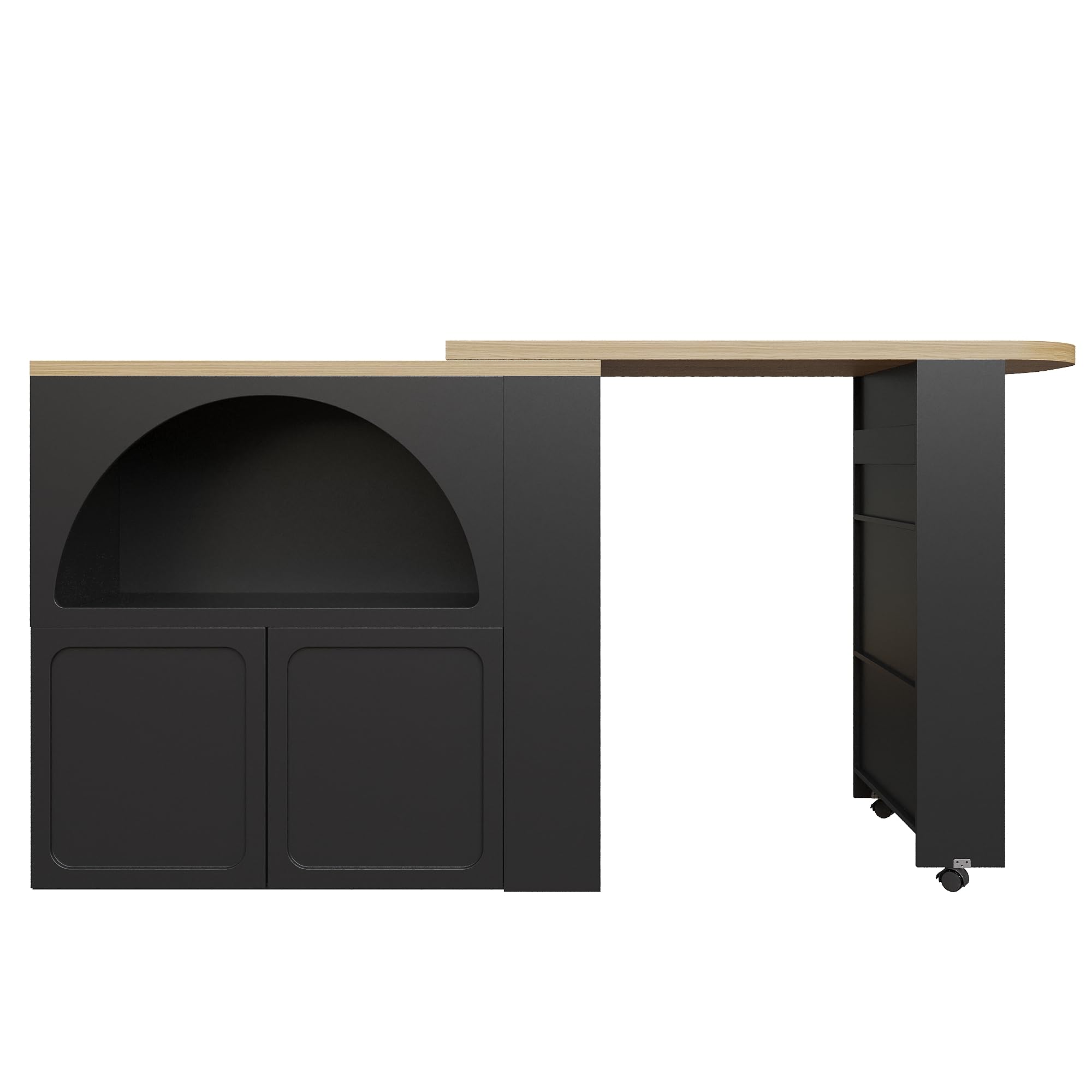 Merax Ausziehbarer Bartisch 135–205 cm,Beweglicher Bar Table mit LED & Rollen, Teleskopischer Hochtisch Kücheninsel schwarz, Bartheke mit Gewölbten Türen, Snack-Regal & Soft-Close Schrank