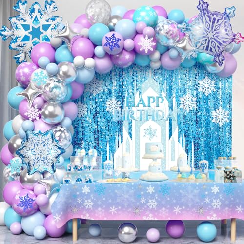 vamei 159pcs Decoration Anniversaire Fille Kit Arche de Ballon Bleu Violet con Ballon Flocon de Neige Nappe Toile de Fond, Décoration Fête Anniversaire...