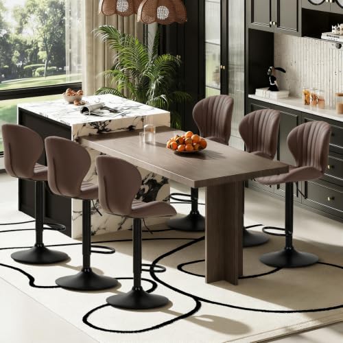Image of COLAMY Bar Stools Set of 6,Swivel Adjustable Height Leather Bar Chair,Brown