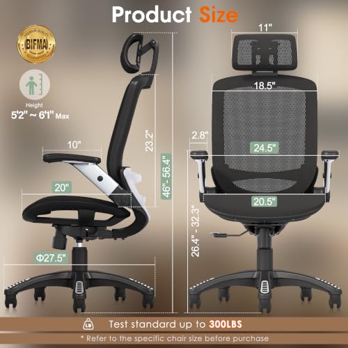 Image of GABRYLLY Ergonomic Office Chair, High Back Home Desk Chair with Headrest, Flip-Up Arms, 90-120 Tilt Lock and Wide Cushion, Big and Tall Mesh Chairs for Man Woman, Black Task Chair
