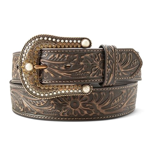 ARIAT Women's Floral Embossed Stone and Crystals Buckle Belt, Brown, Large