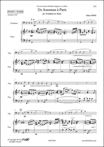 PARTITION CLASSIQUE - Un Automne à Paris - A. LOPEZ - Trombone et Piano