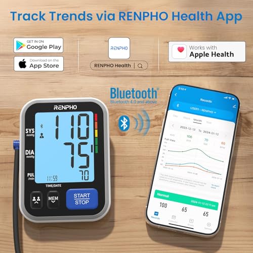 RENPHO Smart Blood Pressure Monitor for Home Use, Bluetooth BP Machine with Wide Range Cuff for Large Size Adult Arms, Muti-Users, Data Storage, Family Supplies - Image 6