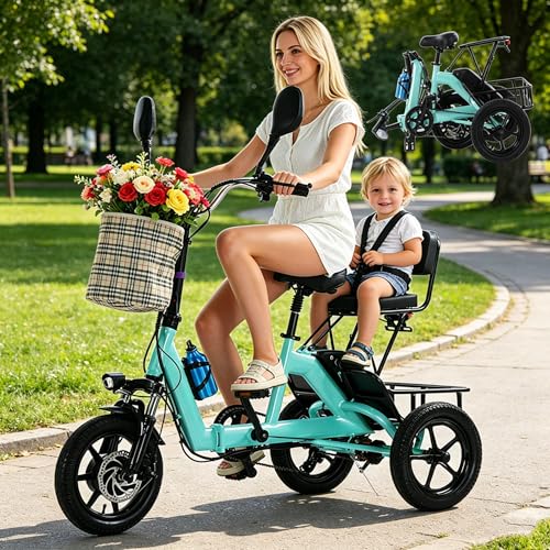 YMLUKzun Triciclo Eléctrico Plegable, Triciclo Eléctrico De 2 Plazas, Batería Extraíble De 48 V Y 10 Ah, Bicicleta Eléctrica De 3 Ruedas, Autonomía De hasta 45 Km, Triciclo para Adultos Y Padres Blue