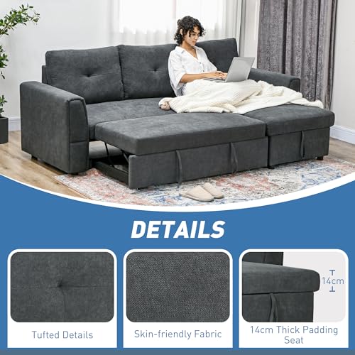 HOMCOM 3 Seater Sofa Bed, L-Shaped Corner Sofa, Pull Out Sofa with Storage, Convertible Click Clack Settee Sectional Sleeper Futon for Living Room, Office, Dark Grey - Image 6