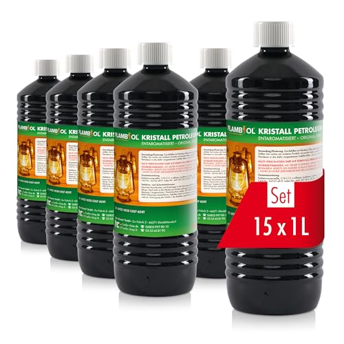 FLAMBIOL Pétrole Purifié 15 x 1 L - Qualité Désaromatisée - Pour Chauffages de Camping, Lampes à Pétrole & Allume-Grill - Combustion sans Suie