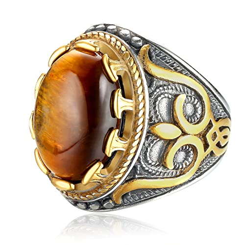 Dochais Retro Large Tiger Eye Stone Mens Ring Turquoise Vintage Ring for Men Oval Gemstone Stainless Steel Ring Size 7-13