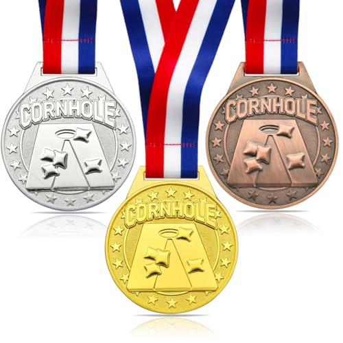 Donrime 3 Pcs Cornhole Medals - 2.56 Inch Gold Silver Bronze Metal Corn Hole Medal with V Neck Ribbons for Kids Adults Trophy Award Prize Gift