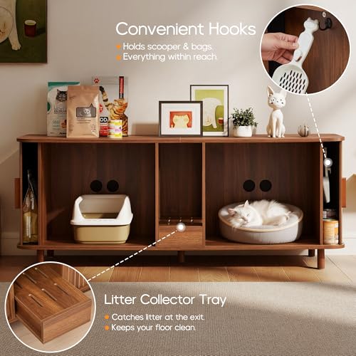 Image of 59 inch Wooden Hidden Double Cat Litter Box Enclosure Furniture