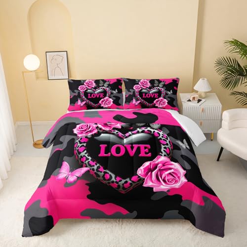Image of QOOMO 3Pcs Flowers Comforter Set Twin Size,Leopard Print Bedding Set for Teens Boys Girls,Pink Comforter with 2 Pillowcases,Soft and Lightweight