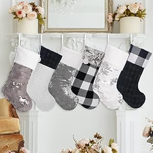 LUBOT 6 Pack Christmas Stockings Large Family Xmas Stocking Black White Gray Contrast Match Flannel Plaid Plush Sequins Hanging for Decorations Holiday LUBOT 6 Pack Christmas Stockings Large Family Xmas Stocking Black White Gray Contrast Match Flannel Plaid Plush Sequins Hanging for Decorations Holiday