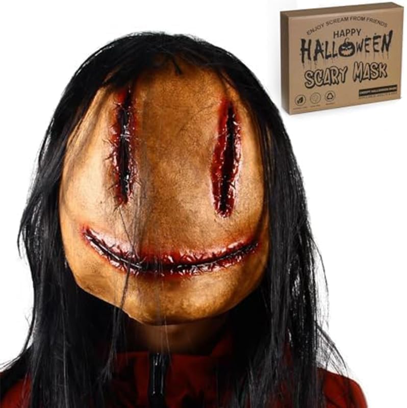 Scary Halloween Mask for Adults, Realistic Horror Mask with Hair, Creepy Halloween Mask for Theme Party Cosplay (Style A)
