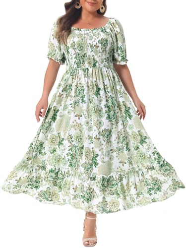 Image of Agnes Orinda Plus Size Dress for Women Short Sleeve Shirred Square Neck Floral Maxi Long Dresses