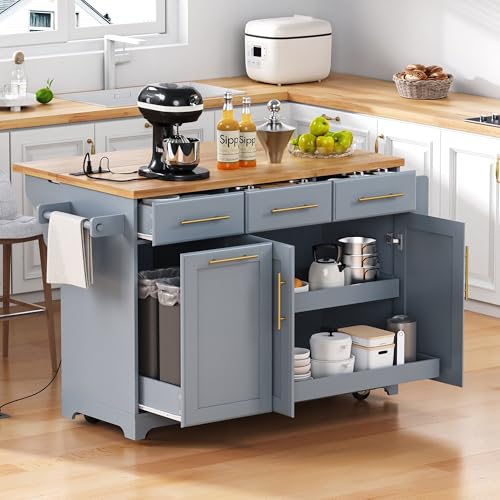 Kitchen Island with 2 Pull Out Cabinet Organizers & Wood Drop Leaf, Rolling Kitchen Island Cart with Trash Can Storage, Power Outlet, Spice & Towel Rack for Kitchen, Dining, Grey Blue