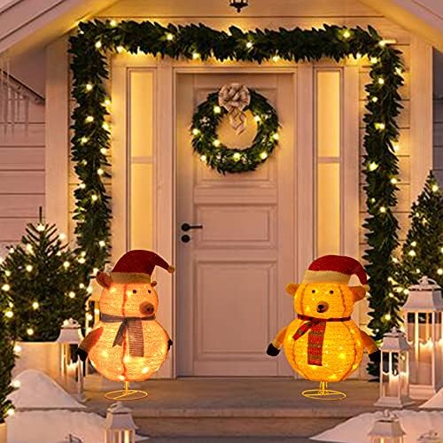 Eambrite 2.5FT Christmas Decorations Lights Collapsible Brown Bear Pink Pig Set Pop up Outdoor Xmas Decoration Gift for Kids (Set of 2)
