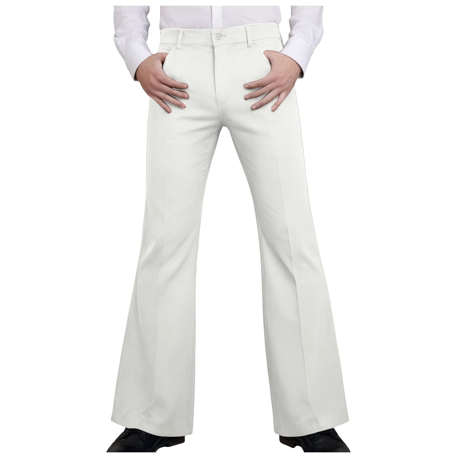 Mens Bell Bottom Pants 70s Disco Outfits Slim Fit Retro Flared Pants 60s 70s Flare Trousers Mens Casual Flare with Pockets Fancy Dress Costume, for Theme Parties, Festivals, Everyday (White, XXXL)