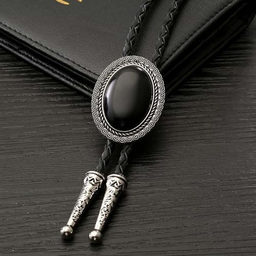 Image of Vintage Western Cowboy Rodeo Black Agate Bolo Tie for Men Women