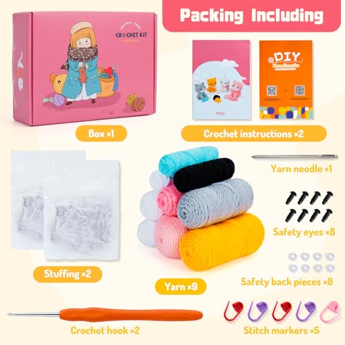 Fortuning's JDS Crochet Kit for Beginners - Cat Crochet Kit with Step-by-Step Video Tutorials, Learn to Crochet Kits for Adults, 4 PCS Crochet Animals Cat with Hat, Toy, Fish Crocheting Set - Image 5