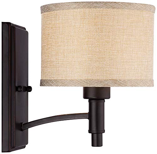 La Pointe Farmhouse Rustic Wall Lamp Oil Rubbed Bronze Metal Hardwired 6 3/4" Fixture Oatmeal Linen Drum Shade For Bedroom Bedside Living Room Hallway Dining - Franklin Iron Works #TOP5