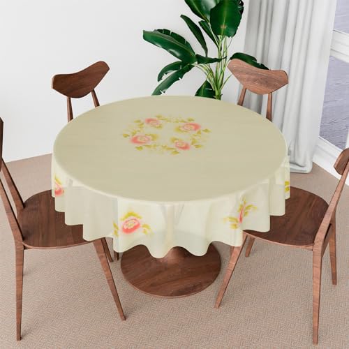 Image of Kuber Industries Round Table Cover | PVC 4 Seater Table Cloth for Round Tables | Flower Almond Kitchen Dining Tablecloth | 60 Inch | Cream