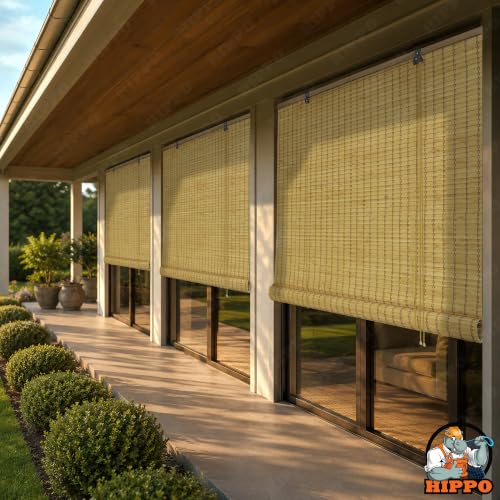 Image of HIPPO Bamboo Curtains - W-4FTXH-7FT Rope Mechanism Roll Up Down Indoor Bamboo Shade for Sun & Dust Protection for Home Window, Balcony, Restaurant, Hotel, Resort (Natural-TAN)