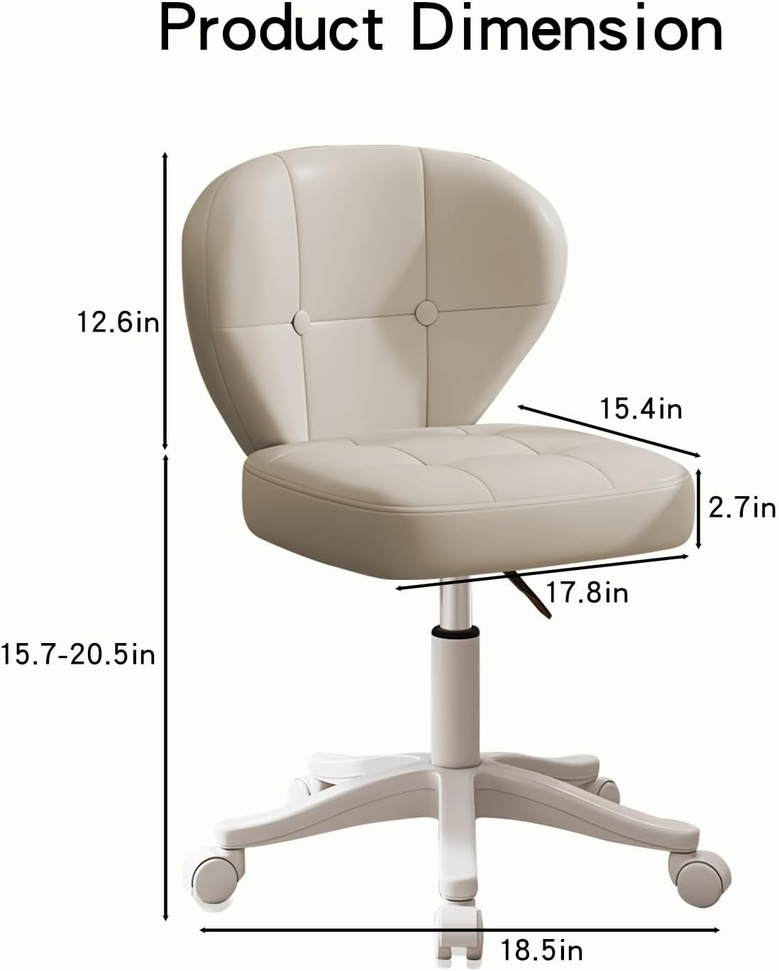 Small Office Chair with Lumbar Support, PU Leather Armless Swivel Desk Chair Adjustable Height, Compact Rolling Chair for Home Office, Bedroom, Study 1White
