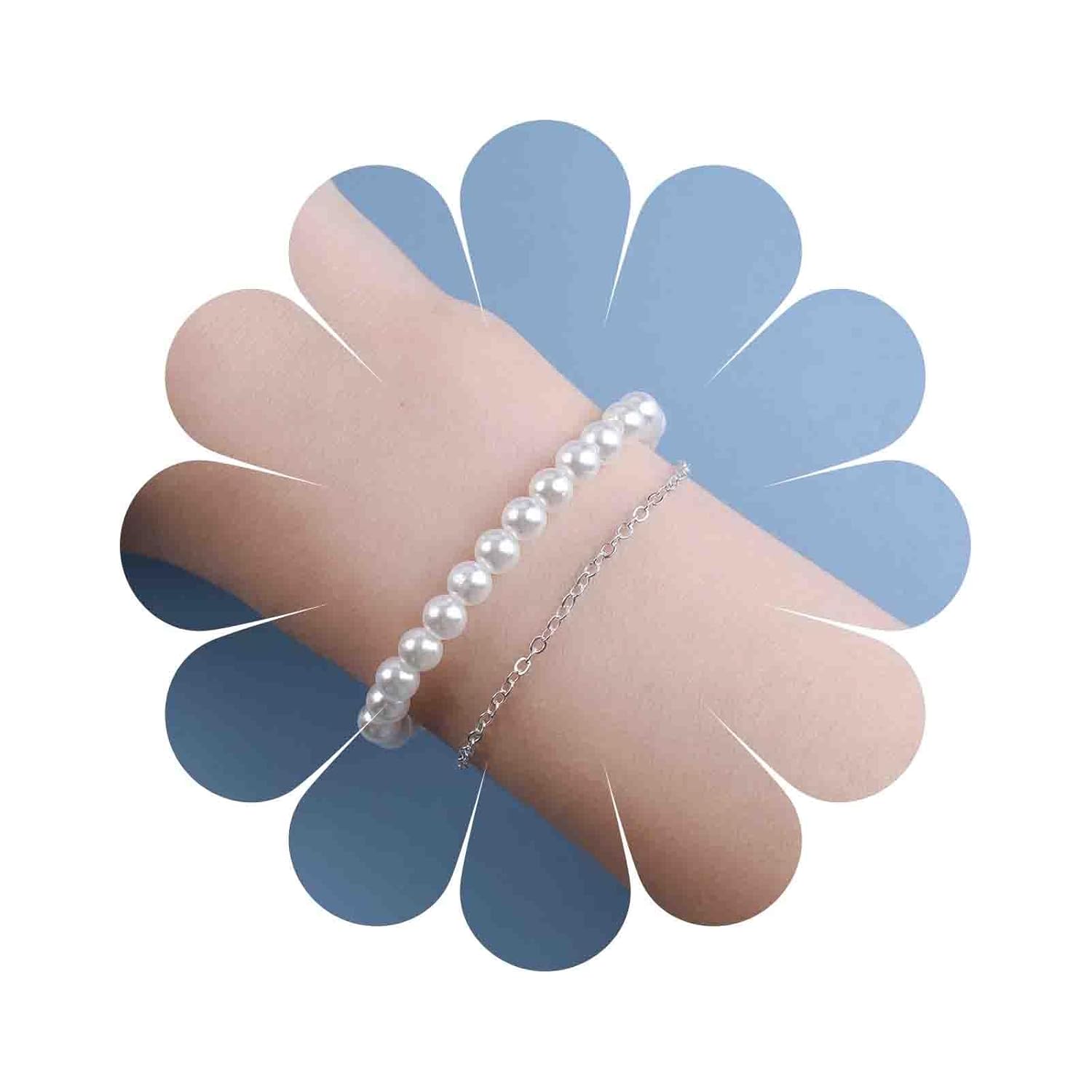 Vintage Layered Pearl Bracelet Silver Pearl Station Bracelet Pearl Strand Bracelet Pearl Chain Bracelet Wedding Hand Chain Jewelry for Women (Silver)