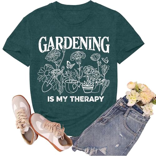 sallrue Womens Garden Shirts Plant Lover T-Shirt Gardening is My Therapy Tee Tops Green