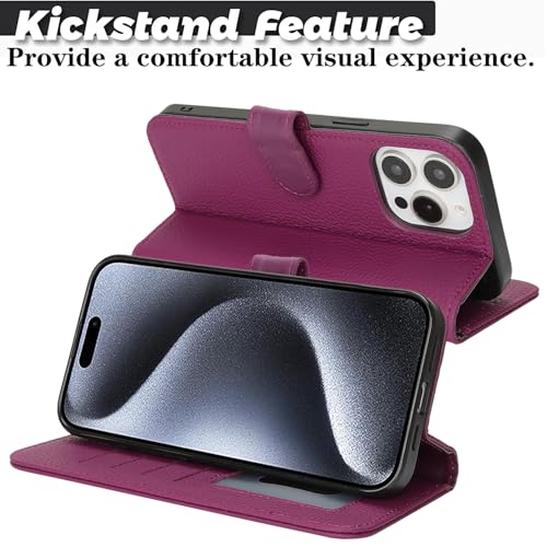Coque iPhone 15 Pro en cuir véritable violet style portefeuille chic