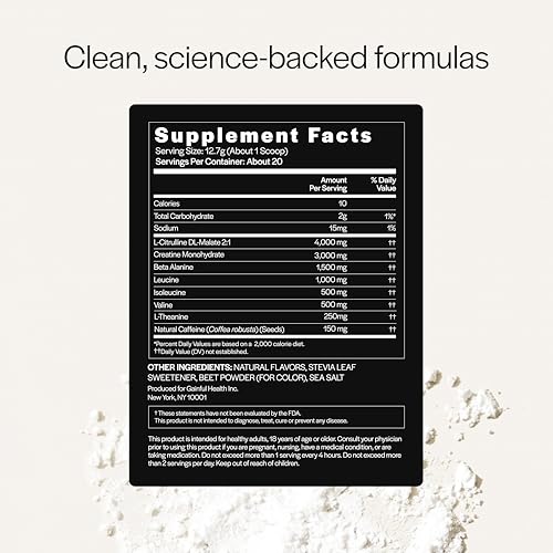 Image of Gainful Performance Pre Workout Powder with Natural Caffeine & Creatine, Watermelon Flavor, Supports Energy, Strength, Endurance, & Recovery with BCAAs, Beta Alanine, L-Citrulline, 20 Servings