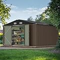 JUMMICO 10 x 10 FT Outdoor Storage Shed, Large Metal Garden Shed & Tool Sheds for Backyard Garden Patio Lawn (Brown)