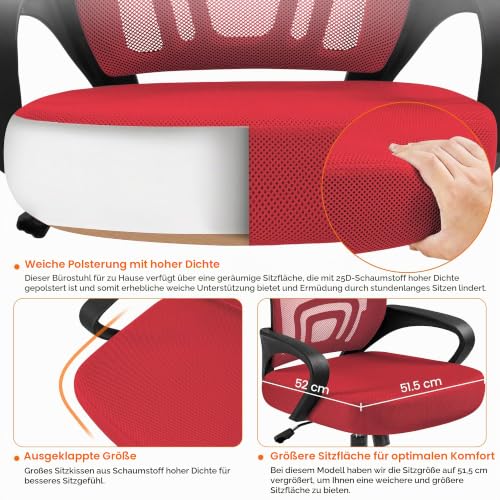 Yaheetech Bürostuhl Ergonomisch mit Netzbespannung und Armlehnen, Rot – Ansicht 6