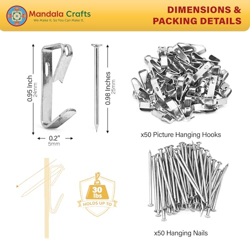 Image of Mandala Crafts Heavy Duty Pictures Hooks Kit for Mounting Art, Mirrors, Clocks Up to 30 lbs - 100 Silver Pictures Hangers with Hanging Nails for Hanging Paintings on Drywall, Plaster, Wood Walls