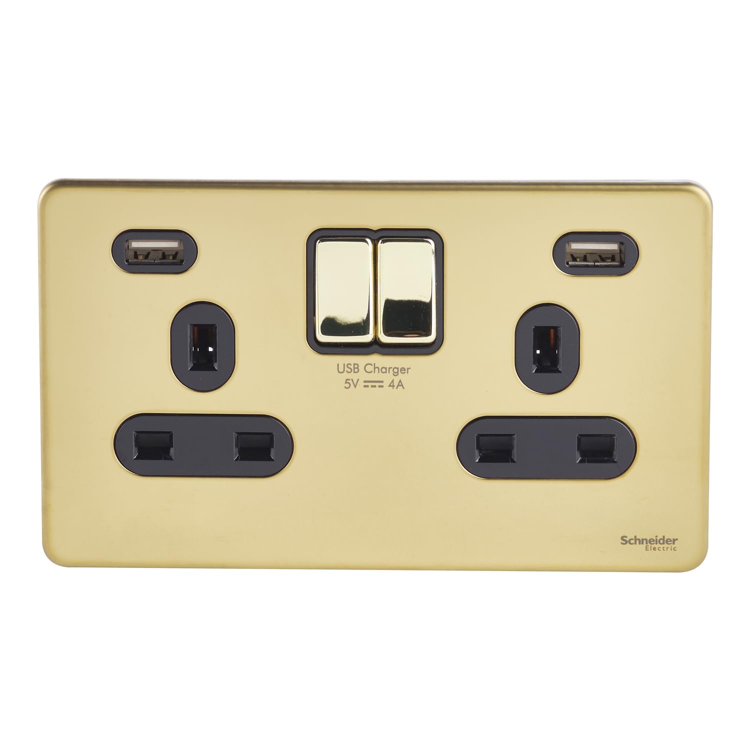 Schneider Electric GGBGU3424DBPB Ultimate Screwless Flat Plate, Switched Double Power Socket, with USB Charging Ports, Polished Brass with Black Insert, 13 A, 2 Gangs