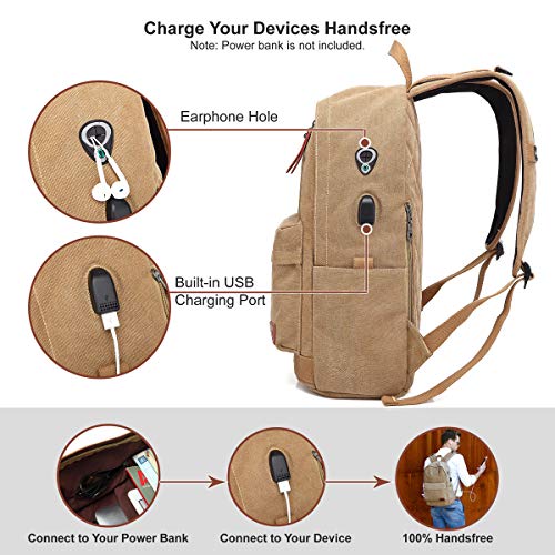 Canvas Laptop Backpack, Waterproof School Backpack With Usb Charging Port For Men Women, Lightweight Anti-Theft Travel Daypack College Student Rucksack Fits Up To 15.6 Inch Computer(Brown) #TOP4
