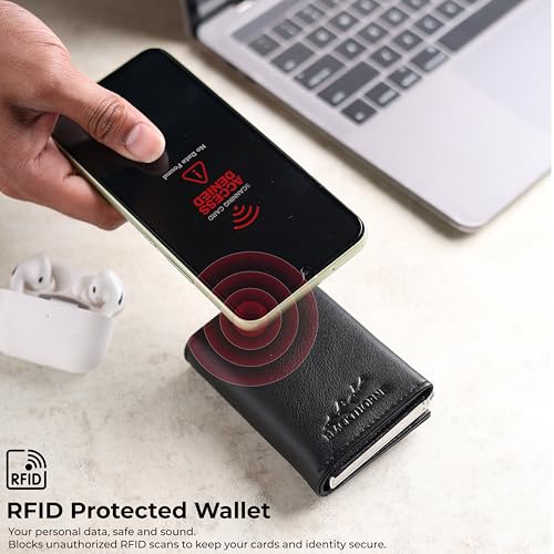 Image of BLACKTHORNE Wallet for Men | RFID Blocking Genuine Trifold Leather Pop-Up Card Holder Wallet | Slim Minimal Design with Aluminium Case Holds 6-8 Cards, Coin Pocket & Magnetic Closure (Black)