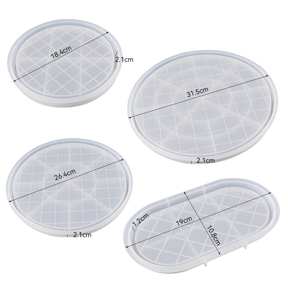 URFEDA 4pcs Moule Résine Époxy Ovales Circulaires, Plateaux de Stockage Moules en Silicone, Damier Grille Motif Palettes Moule Résine,Moule Dessous de Verre Resine Epoxy, Décoration de Maison