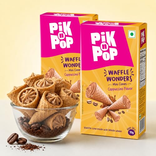 Image of Pik n Pop Cappuccino Mini Waffle Cones 70g (Pack of 2), Crispy Cones with Creamy Cappuccino Filling, Whole Wheat, Non-Meltable Ready-to-Eat Snack, 100% Eggless