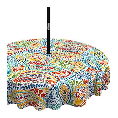 LVTXIII Outdoor/Indoor Round Tablecloth, Patio Stain Resistant Table Covers with Umbrella Hole Picnic Table Cloth with Zipper for Patio Garden Buffet Table Decoration, 60", Round, Paisley Multi Cover