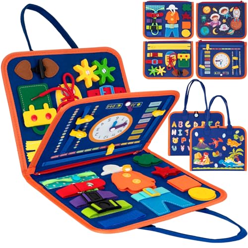 TECHMUR Busy Board Montessori-Spielzeug für Kleinkinder, Sensorische Aktivitätstafel zur Förderung der Feinmotorik | 2-in-1 Tragefunktion (Griff + Gurt) | Lernreisespielzeug für Flugzeug & Auto (Blau)