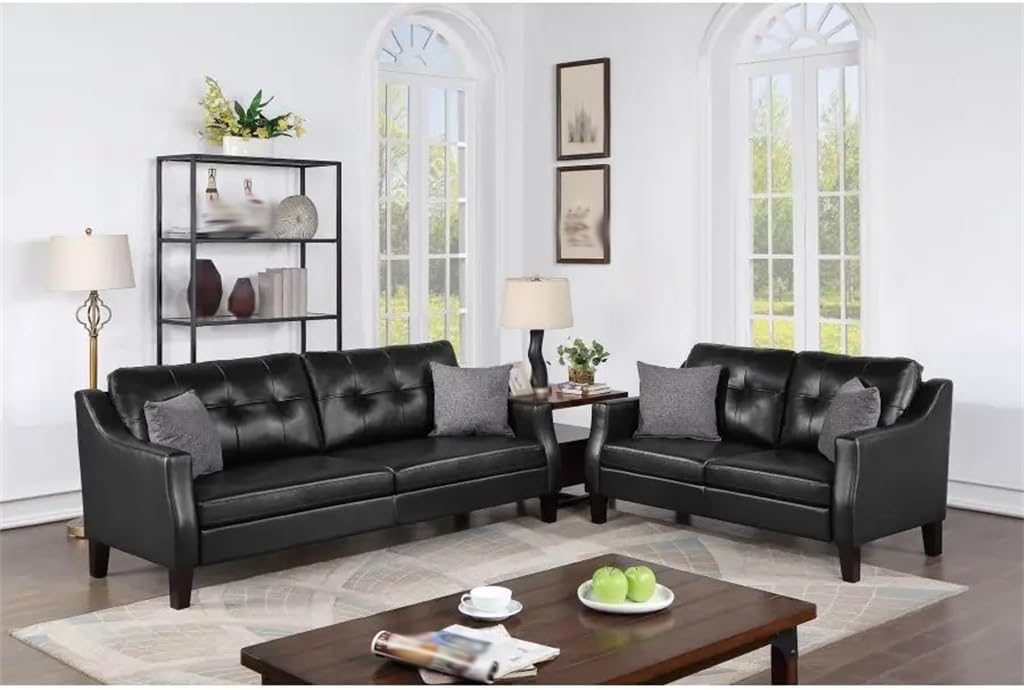 Set - 2pc in Black Sofa,Faux Leather Couch Chair