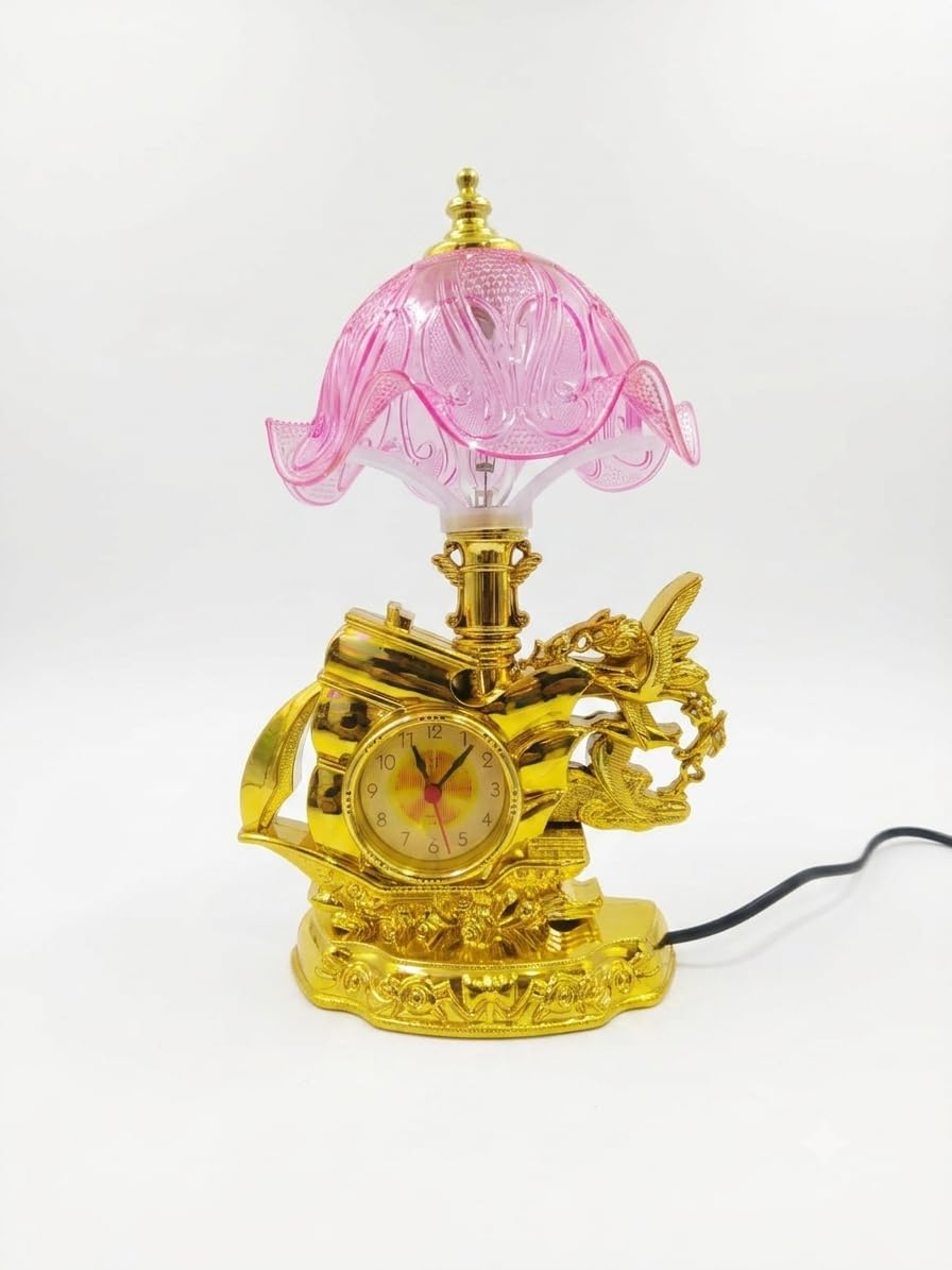 Decorative Table Lamp with Clock, Gold and Pink Floral Shade | Built-In Analog Clock, Dragon Figurine Base, Ornate Gold Finish, Pink Glass Shade, Corded Electric-image-10