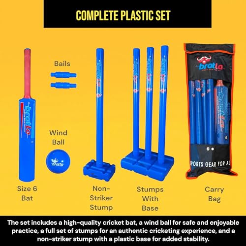 Bratla Plastic Cricket Set Size 6 - Blue Color | Backyard and Beach Set for Adults and Kids | Includes Bat, Wind Ball, Stumps, and Non-Striker Stump with Plastic Base